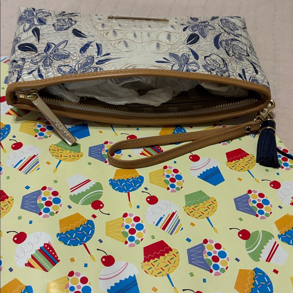 Brahmin Floral Blue and Cream Croc-Embossed Wristlet - Picture 3 of 3